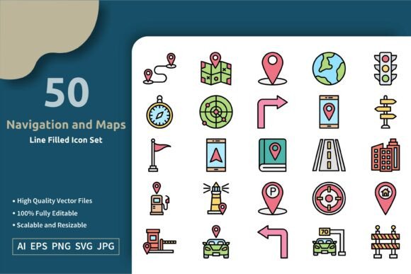 50 Vector Navigation Map Filled Icons
