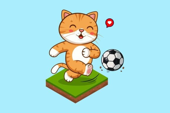 Cute Cat Kick Soccer Ball on Green Field Graphics