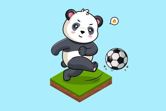 Cute Panda Kick Soccer on a Green Field Graphics