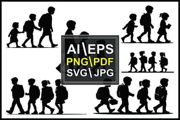 Silhouettes of Children Walking Backpack Graphics and Illustrations